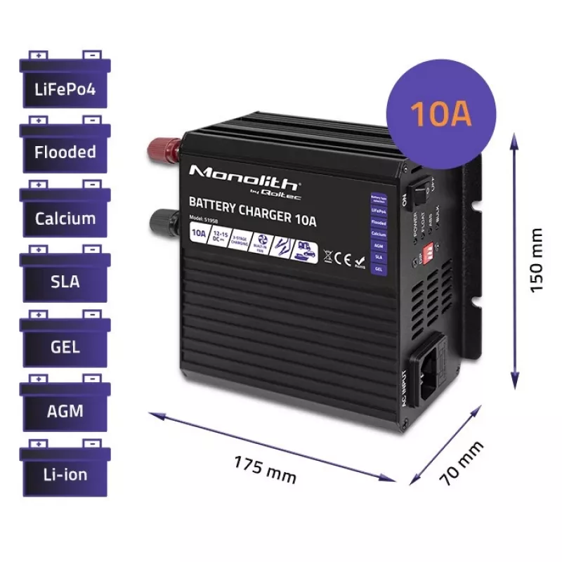 Qoltec Smart Monolith nabíjačka batérií pre LiFePO4 AGM GEL SLA batérie | 10A | 12V