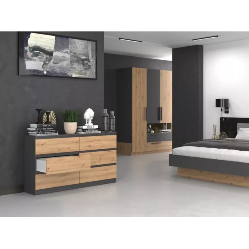 Komoda Top e Shop M6 140 ANT/ART, 6 zásuviek, antracit dub, 1380×750×400 mm