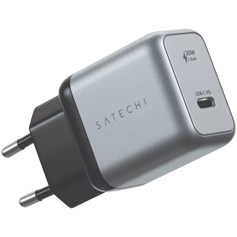 Nabíjačka pre mobilné zariadenia Satechi ST-UC30WCM-EU — univerzálna AC nabíjačka do interiéru s 1× USB-C, čierna/strieborná
