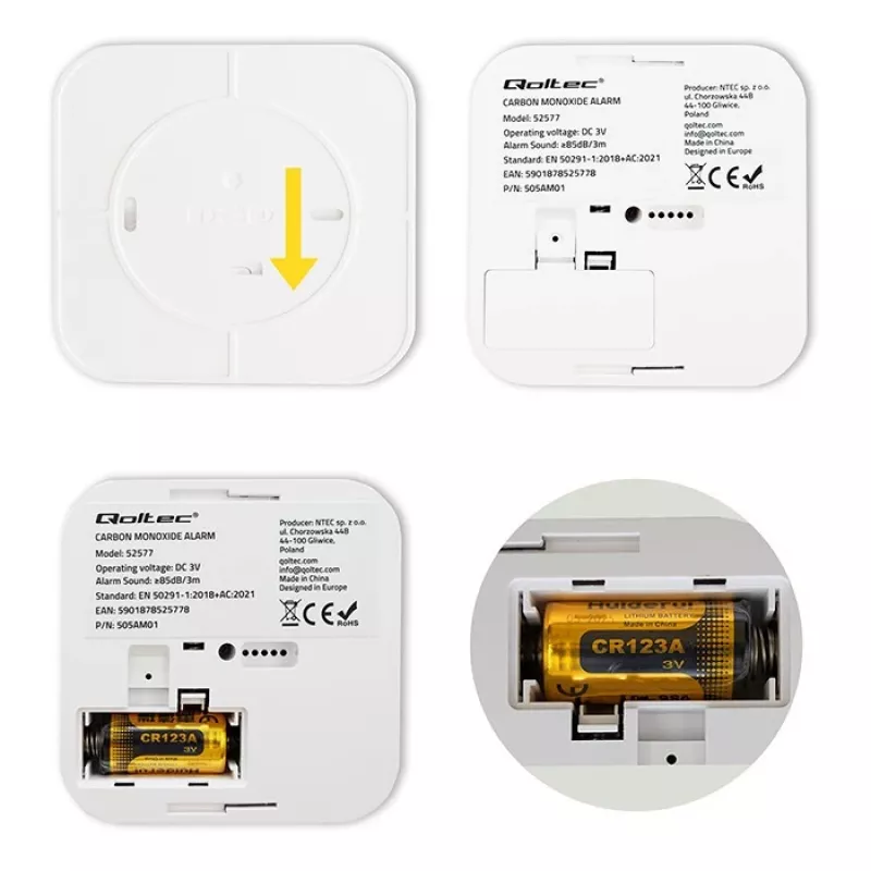 Senzor oxidu uhoľnatého QOLTEC 52577 — alarm na batérie, hladina zvuku 85 dB