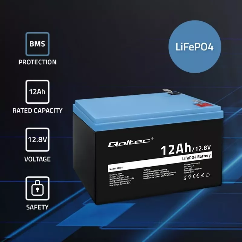 Qoltec LiFePO4 lithium-železofosfátová batéria 12,8 V 12 Ah 153,6 Wh s BMS