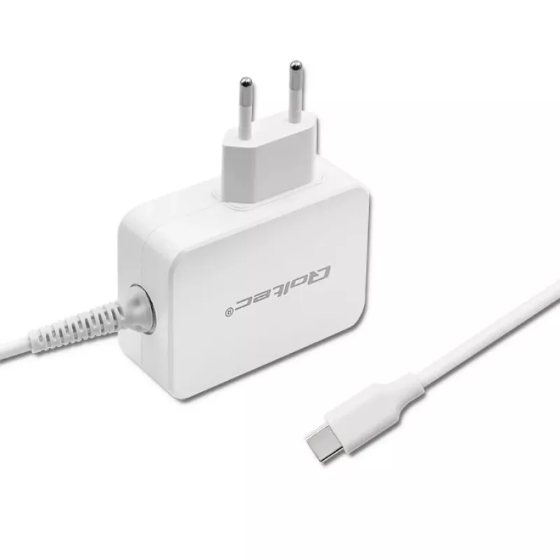 Qoltec 51039 napájací adaptér 65 W USB-C PD, 5–20,3 V, 2–3,25 A, vstavaný kábel USB-C, biely