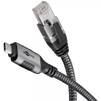 Ethernetový kábel USB-C 3.2 Gen2 konektor samec > RJ-45 konektor samec, LAN adaptér čierny/strieborný, 2 metre, pletený textilný plášť