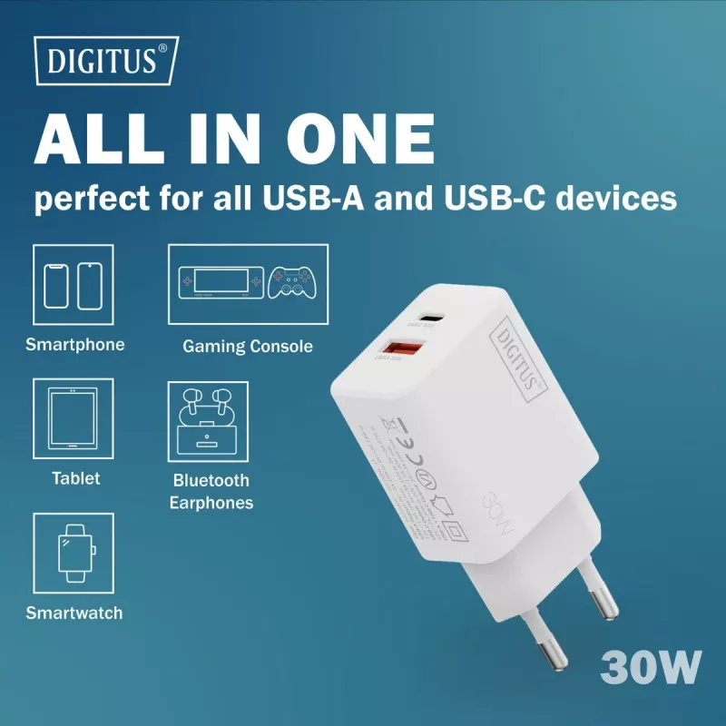 AC Indoor USB GaN nabíjačka DIGITUS DA-10301 — 30W, 1× USB-C, 1× USB-A, 100–240V, biela
