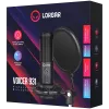 LORGAR Voicer 931, herný mikrofón, čierny, USB kondenzátorový mikrofón s ramenným stojanom, pop filter, statív. Obsahuje 1* mikrofón, 1* ramenný stojan s C svorkou, 1* tlmič otrasov