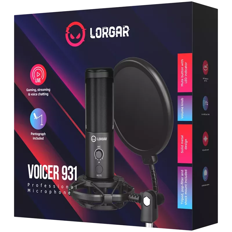 LORGAR Voicer 931, herný mikrofón, čierny, USB kondenzátorový mikrofón s ramenným stojanom, pop filter, statív. Obsahuje 1* mikrofón, 1* ramenný stojan s C svorkou, 1* tlmič otrasov