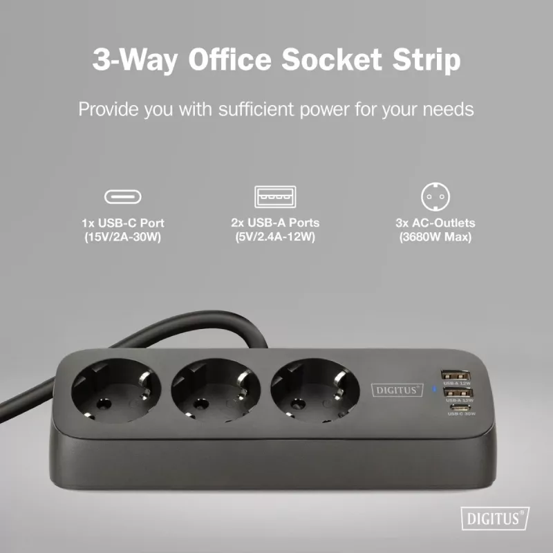 Predlžovacia zásuvka DIGITUS 3-násobná s 2×USB-A & 1×USB-C, 3 AC zásuvky Typ E/F, 1,5 m kábel, čierna