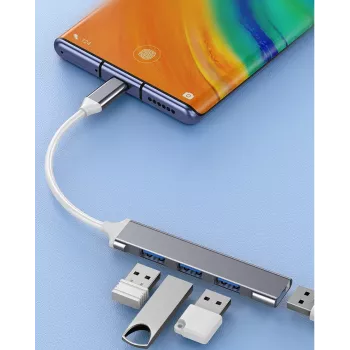 USB hub VAKOSS TC-4125X — 1× USB 3.0 Type-A, 3× USB 2.0 Type-A, hostiteľ: USB Type-C, strieborná