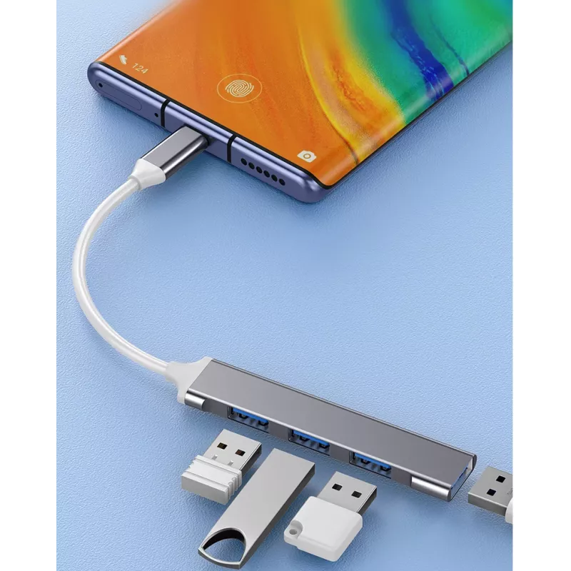 USB hub VAKOSS TC-4125X — 1× USB 3.0 Type-A, 3× USB 2.0 Type-A, hostiteľ: USB Type-C, strieborný