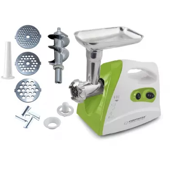 Mlynček na mäso ESPERANZA EKM012G — 600 W, nerezová čepeľ, nadstavec na klobásy, nadstavec na kebbe, reverzný chod, protišmykové nožičky, biela/zelená