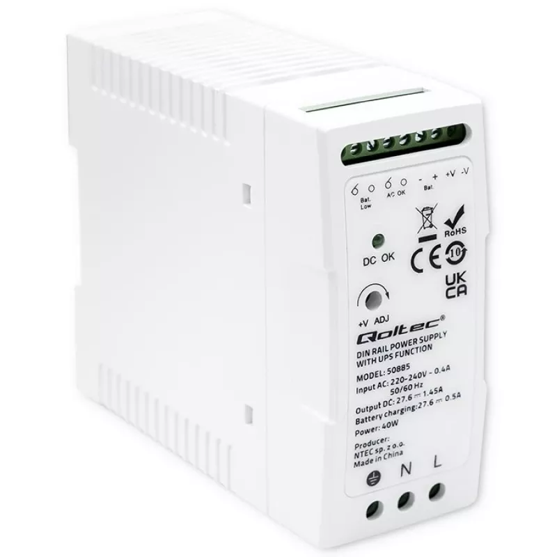 Qoltec 50885 Stabilné napájanie na lištu DIN s funkciou UPS | 40W