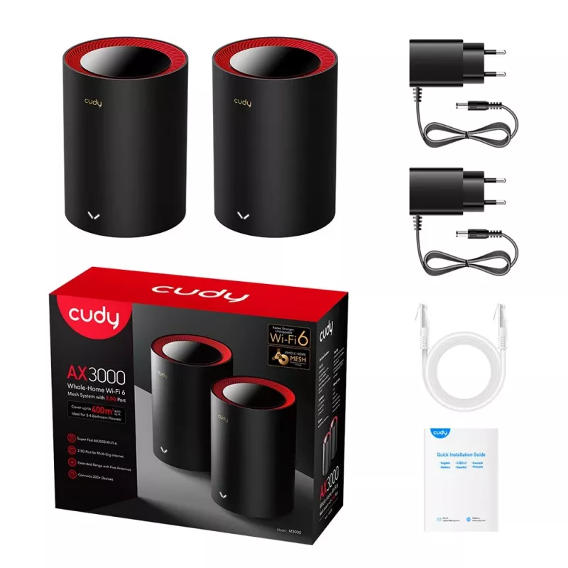 Mesh systém Cudy M3000 2-pack Dual-Band Wi-Fi 6 2402 Mbit/s čierna červená