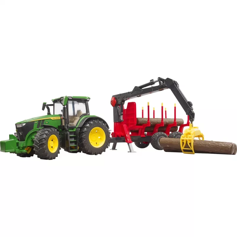 BRUDER John Deere 7R 350 s lesným návesom a 4 kmeňmi stromov