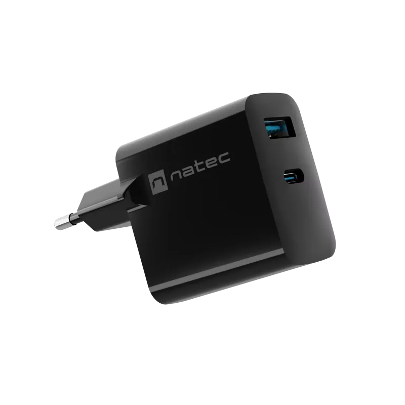 Káblová nabíjačka pre mobilné zariadenia NATEC NUC-2143, 45 W, USB-C PD 3.0 + USB-A QC 3.0, 110–240 V, čierna