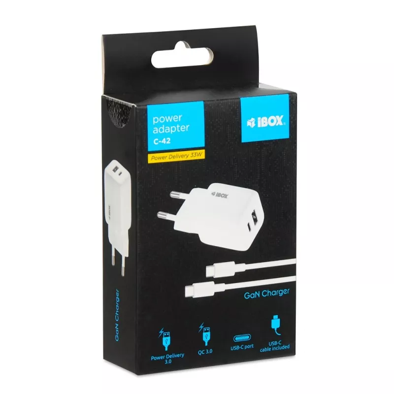 USB nabíjačka IBOX ILUC42W 42W (max. 33W), 1×USB-C PD3.0, 1×USB-A QC3.0, 100–240V, biela