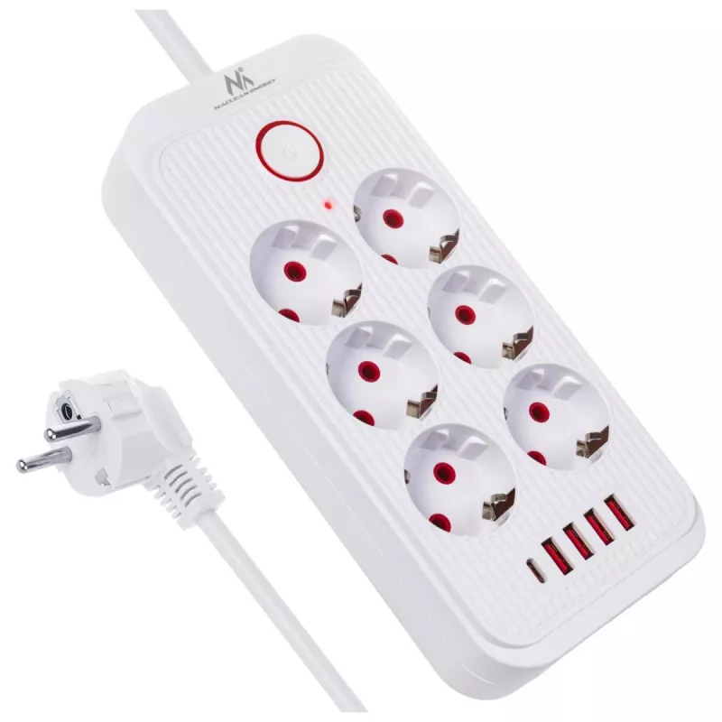 Predlžovacia zásuvka MACLEAN MCE389 W — 6 zásuviek, 4×USB-A, 1×USB-C, 2500W, 110–240V, 1,5 m kábel, biela