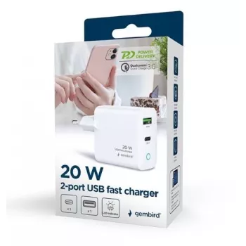 Sieťová nabíjačka 220V GEMBIRD, univerzálna, 1x USB Type-C PD 20 W, 1x USB-A 3.0 QC 18 W, LED indikátor, biela