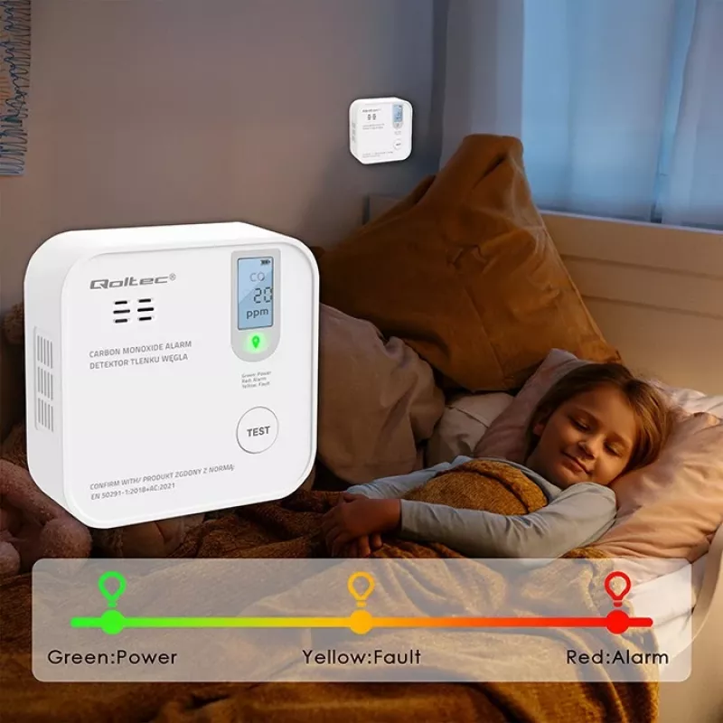 Senzor oxidu uhoľnatého QOLTEC 52577 — alarm na batérie, hladina zvuku 85 dB