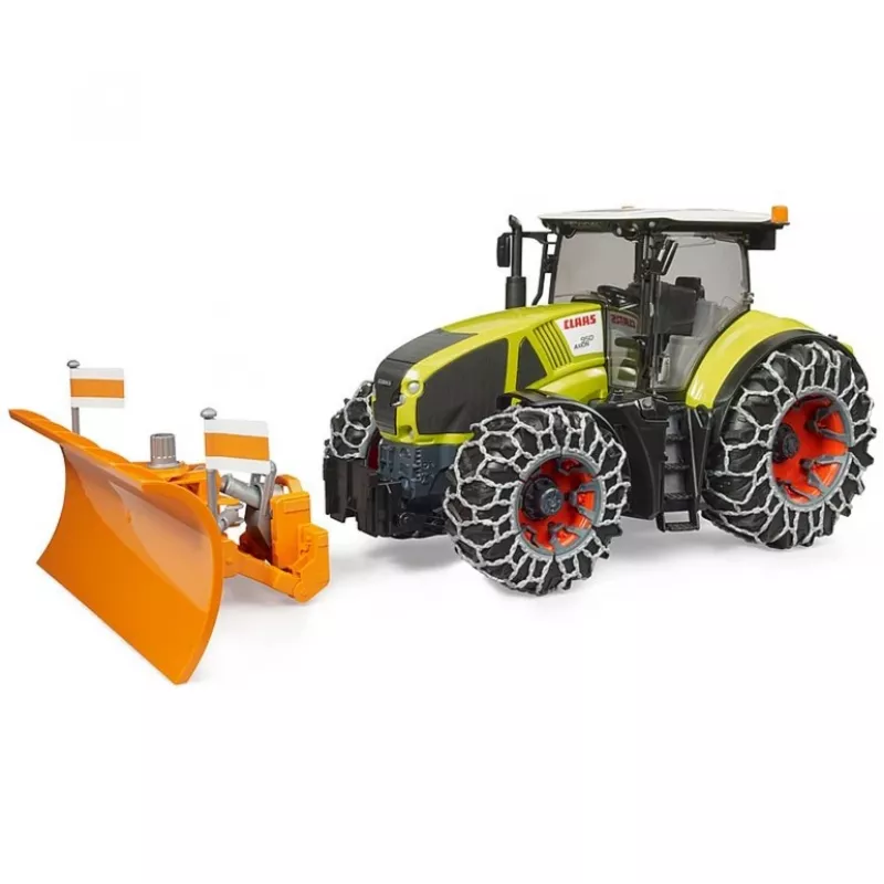 Hračkársky traktor BRUDER Claas Axion 950 s snehovými reťazami a snežným pluhom, model v mierke