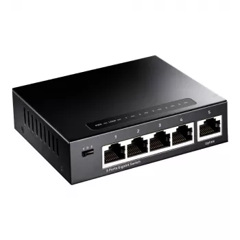 Sieťový switch Cudy GS105 — 5-portový gigabitový Ethernet (10/100/1000), čierny, 5 V DC napájací zdroj v balení