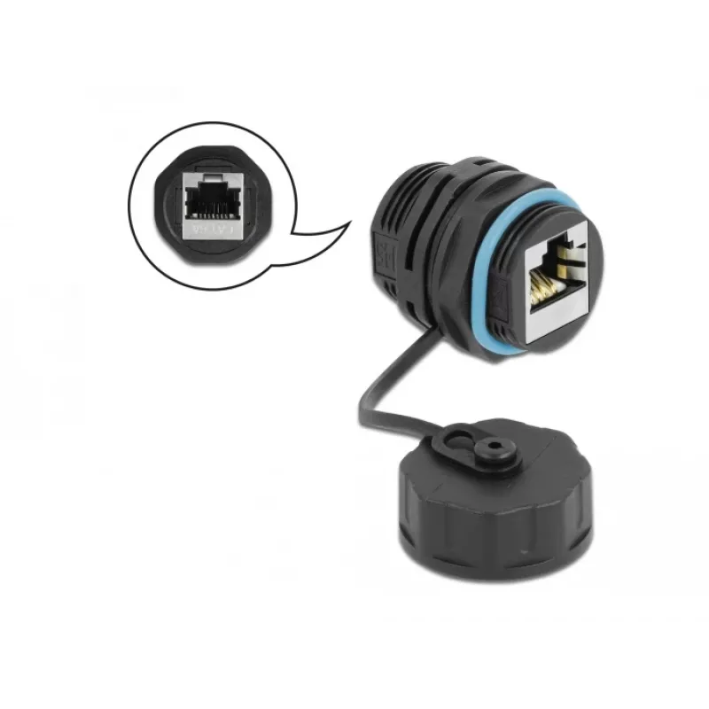 Delock 86695 vodotesná spojka RJ45, zásuvka na zásuvku, Cat.6A, s uzatváracím viečkom, do exteriéru