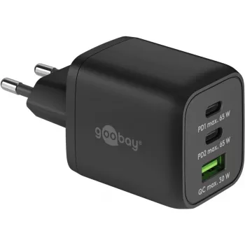USB-C rýchla nabíjačka Nano, PD, GaN, 65 Watt, USB-C opletený kábel (čierny, 1x USB-A, 2x USB-C PD, Quick Charge 3.0, 1 meter kábla)