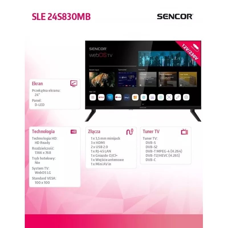 24 palcový LED Smart Display televízor SENCOR SLE 24S830MB — HD rozlíšenie, energetická trieda E