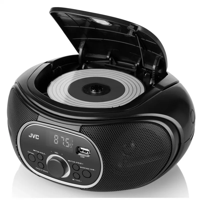 Prenosný CD prehrávač JVC RD‑E221B — čierna, CD/MP3, kazetový deck, USB prehrávanie, UKW rádio, AUX, batériová/sieťová prevádzka