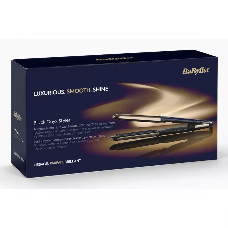 Žehlička na vlasy BABYLISS ST484E — keramické platne, Warm technológia, 230 V, 3,3 m kábel, čierna/zlatá