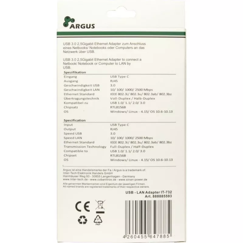 Ethernet adaptér Inter-Tech IT-732 2500 Mbit/s USB Type-C káblový