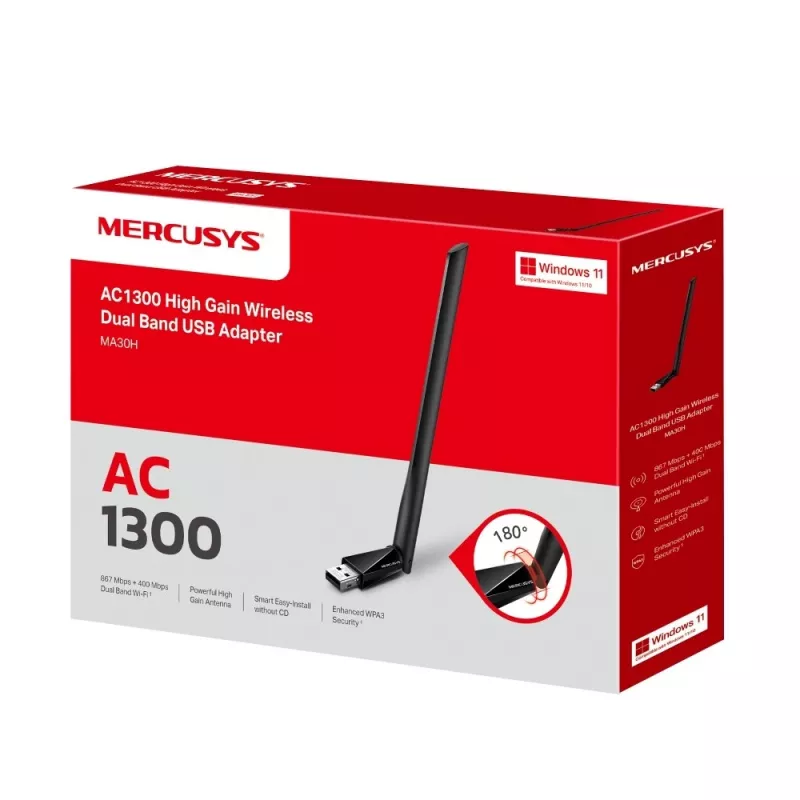 Mercusys MA30H AC1300 High Gain dvojpásmový Wi-Fi USB adaptér, čierny