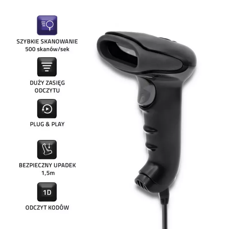 Laserová čítačka čiarových kódov 1D CCD Qoltec 50866, USB, čierna