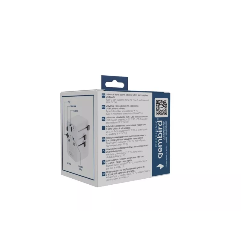 Cestovný napájací zdroj GEMBIRD TPA-1A2C20-01-W — 20 W, USB-A (18 W) + 2× USB-C (20 W), zástrčka typ E, biela