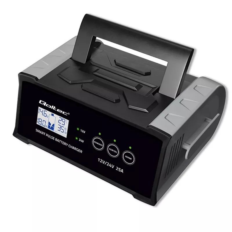 Nabíjačka batérií QOLTEC 52514 — 12V/24V, 25A, pre AGM/GEL/SLA batérie s LCD displejom