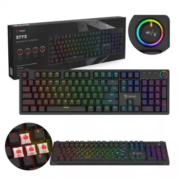 Mechanická herná klávesnica SAVIO STYX Outemu Red — Full-Size 104 klávesov USB káblová, RGB, ANSI US International, 1,5 m, čierna