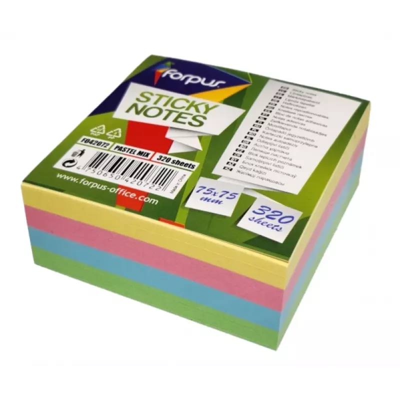 Samolepiace lístočky Forpus, 75x75mm, mix 4 pastelových farieb, kocka (1x320)