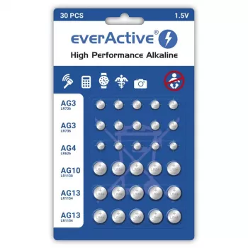 Alkalické batérie everActive AGMIX30BL 1,5 V — balenie 30 ks, gombíkové batérie
