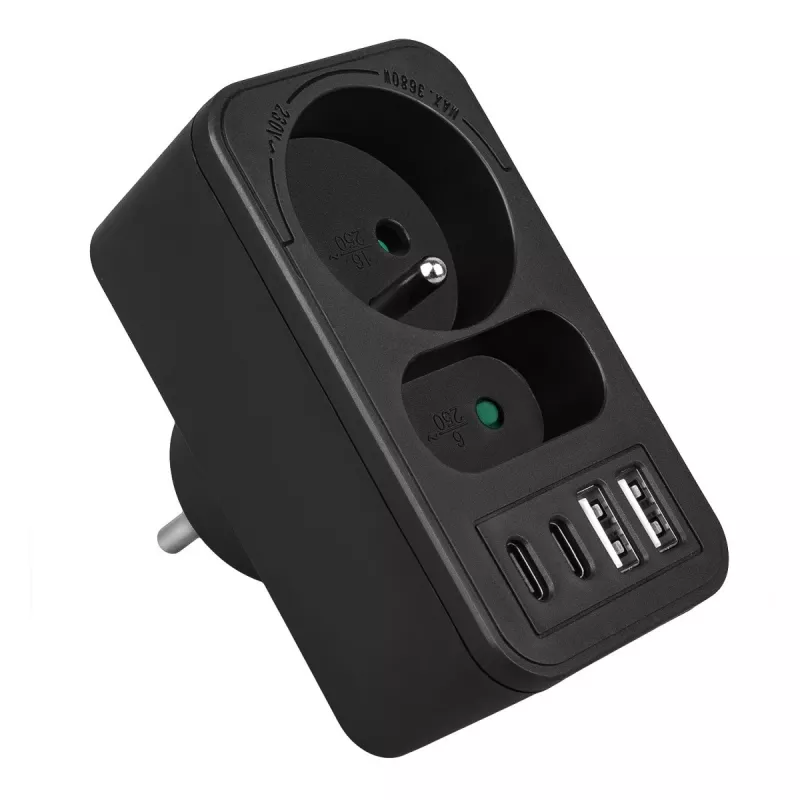 Rozbočovač napájania MACLEAN MCE249 F/B – 2 AC zásuvky (16A + 6A) s 2×USB-A a 2×USB-C PD 20W, EU konektor, čierny