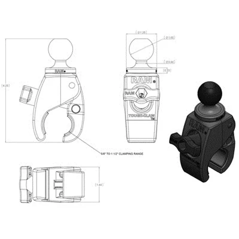 RAM Mounts RAP-B-400U Tough-Claw malá upínacia základňa s guľou 1 palec (2,54 cm), pre lišty 0,625–1,14 palca
