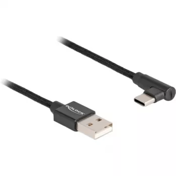 USB 2.0 kábel, USB-A konektor samec > USB-C konektor samec (čierny, 1 meter, opláštený, 90° zahnutý)