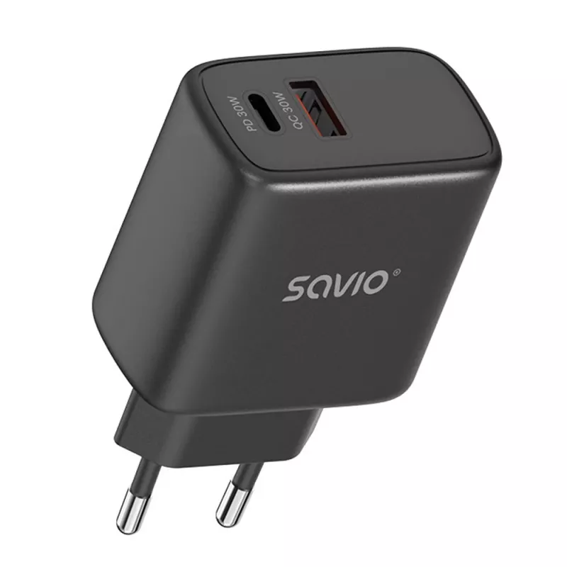 Sieťová nabíjačka SAVIO LA-06/B 30 W, USB-A + USB-C, Quick Charge, Power Delivery 3.0, čierna
