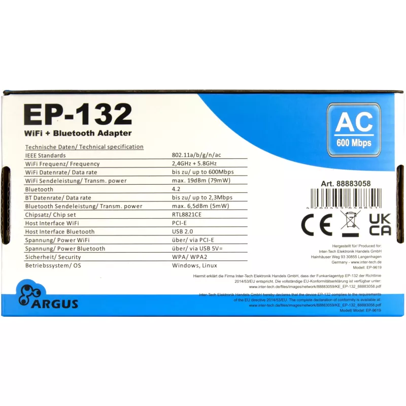 Bezdrôtový USB sieťový adaptér INTER-TECH Argus EP-132, USB 2.0, Wi-Fi 5 (až 600 Mbit/s)