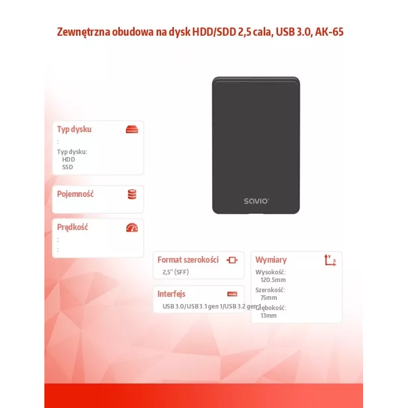 Puzdro na pevný disk/SSD SAVIO AK-65 čierne 2,5 inch SATA USB 3.0 5 Gbit/s Micro-USB