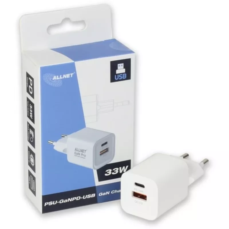 Napájací zdroj ALLNET PSU-GaNPD-USB-1A1C-45W USB-C PD a USB-A QC 45W GaN nabíjačka