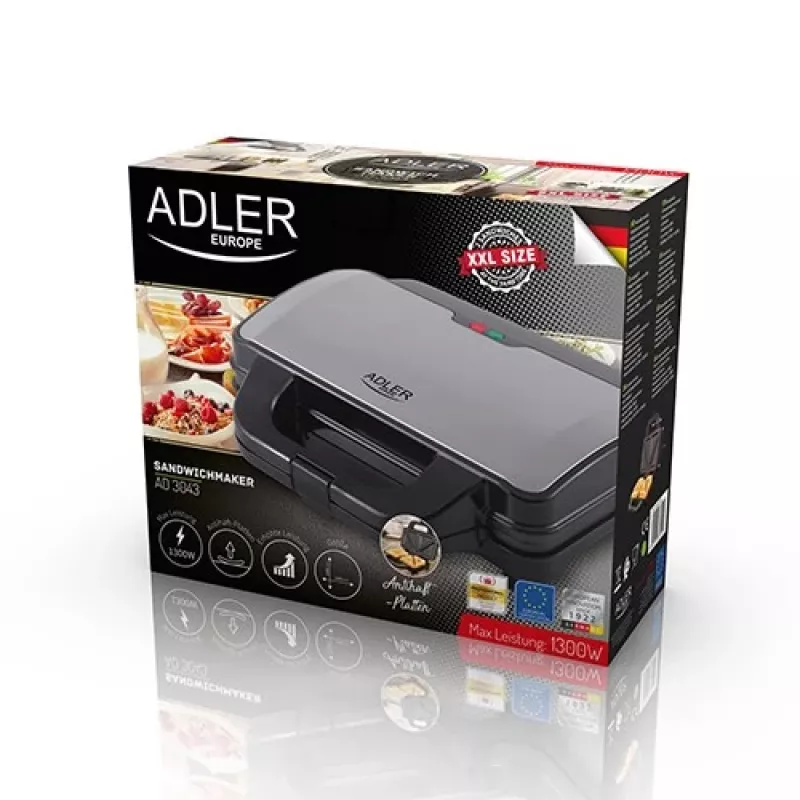 Sendvičovač Adler AD 3043, 1300 W, nepriľnavé platne, 2 sendviče, varná plocha 285 × 152 mm, čierny