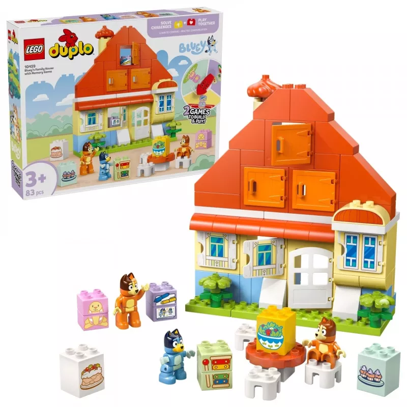 Stavebná hračka LEGO Bluey Rodinný dom s pamäťovou hrou 10459 — 83 dielov, 3 minifigúrky, vek 3+