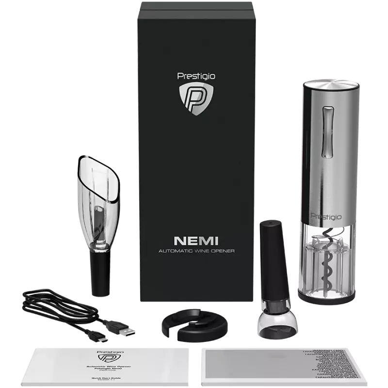 Nemi, elektrický otvárač vína, prevzdušňovač, vákuový konzervátor, strieborný
