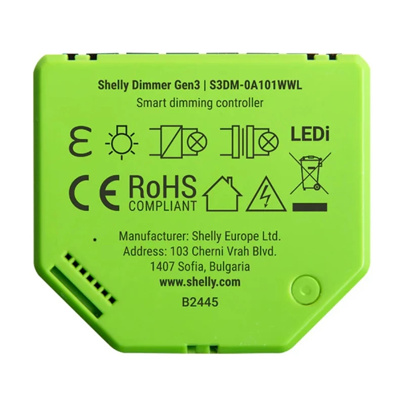 Vstavaný stmievač Shelly Dimmer Gen3 — LED max. 150W, halogén max. 200W, 220–240V, bezdrôtový, čierna/limetková