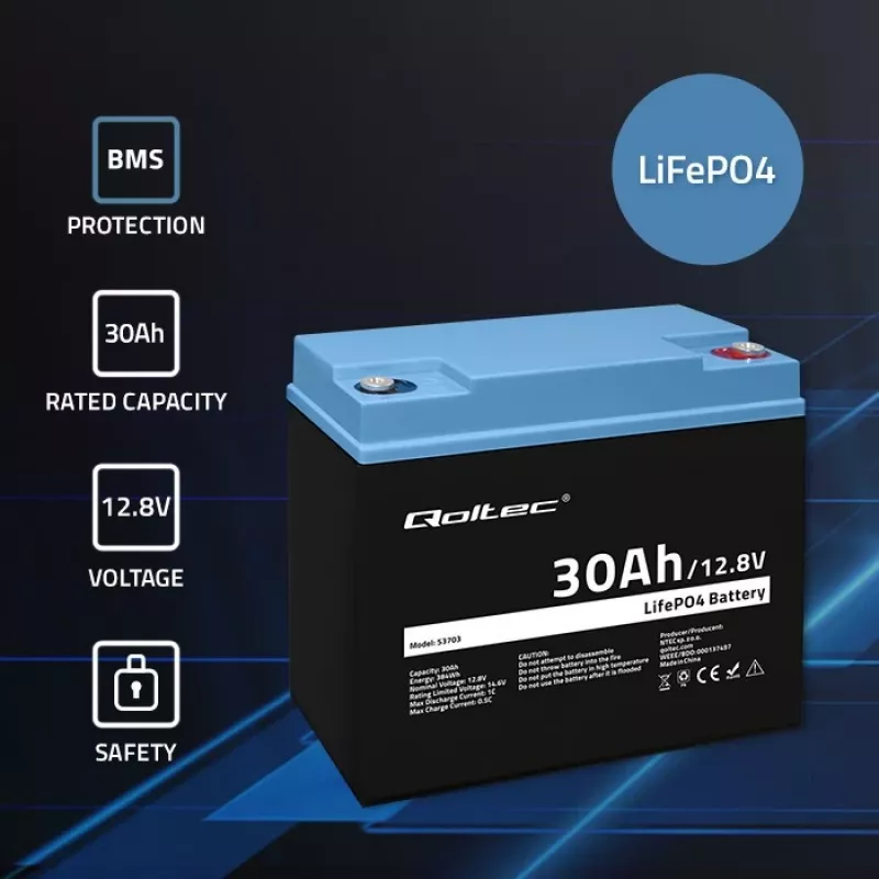 Nabíjateľná batéria LiFePO4 QOLTEC 12,8V 30Ah 384Wh s BMS