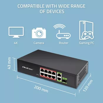 Ethernet switch QOLTEC 52297 PoE RJ45 s PoE uplink a SFP portom